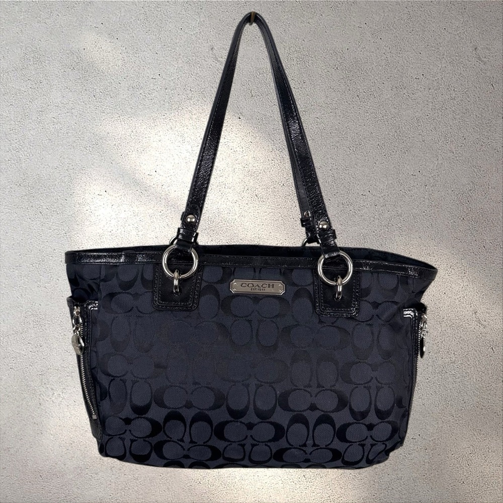 Coach East West Canvas Jacquard Monogram Tote Zip Pockets Silver Hardware